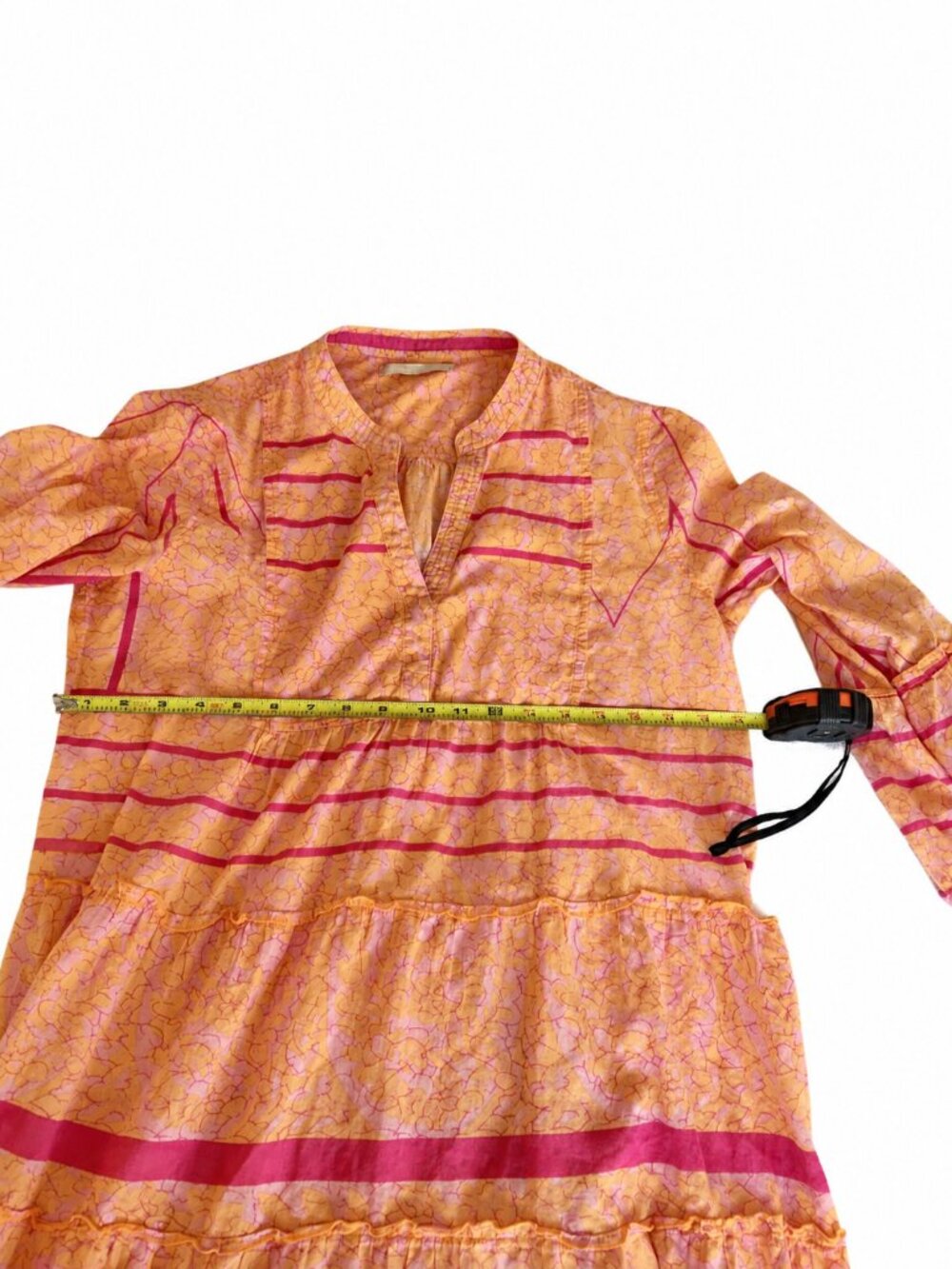 Lola Australia Pink Orange Tiered Boho Dress Split Neck 3/4 Sleeve M